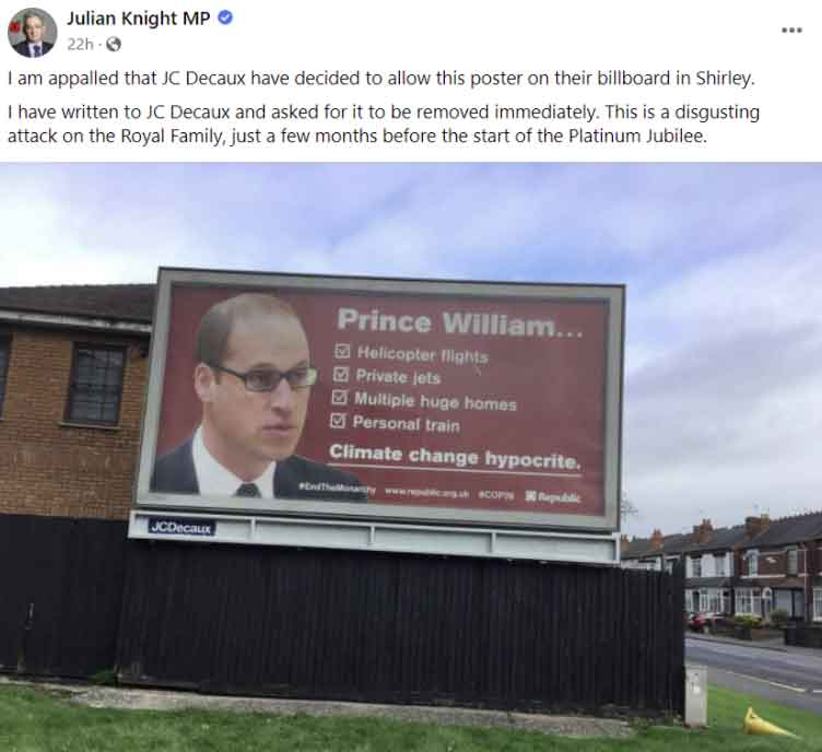 Billboard melawan Pangeran William membuat marah anggota parlemen Julian Knight