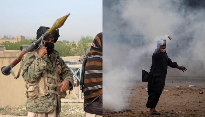 A member of the banned Tehreek-e-Taliban Pakistan (left) and an activist from TLP party throw a teargas shell back towards the police during a protest where they march towards capital Islamabad from Lahore on October 23, 2021. Photo: Reuters/AFP