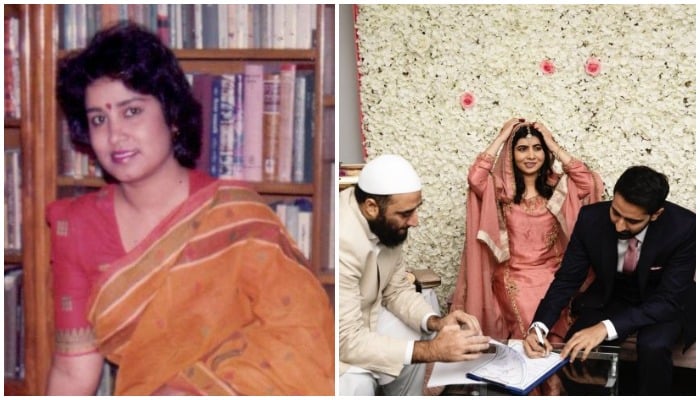 Bangladeshi-Swedish writer and feminist Taslima Nasreen (L) and Malala Yousafzai posing during her nikkah ceremony as her newlywed husband, Asser Malik, signs the marriage contract. — Twitter