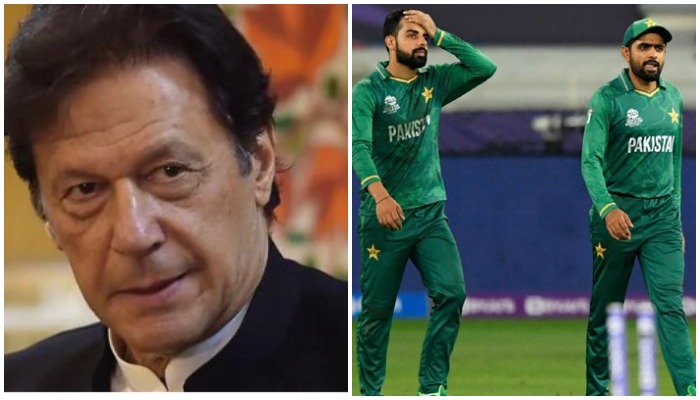 PM Imran Khan (kiri) dan Shadab Khan dan Babar Azam (kanan) — AFP