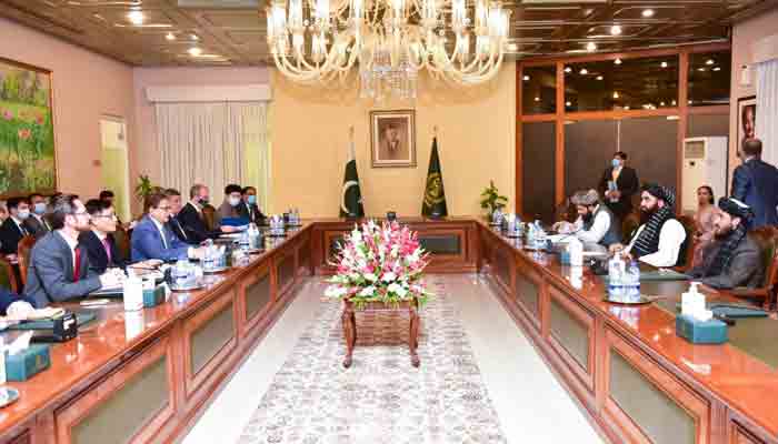 The Troika Plus envoys in a meeting with Acting Foreign Minister of the interim government of Afghanistan, Amir Khan Muttaqi. Photo: Courtesy Foreign Office