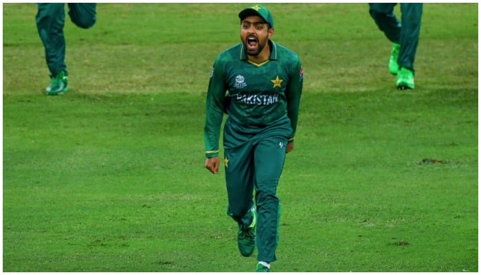 Pakistans captain Babar Azam celebrates the dismissal of Australias Glenn Maxwell during the Mens T20 World Cup semi-final on Thursday, November 11, 2021. — AFP