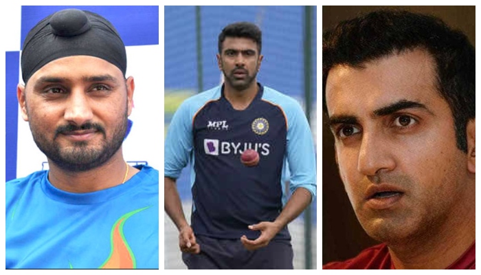 Former spinner Harbhajan Singh (left), Ashwin (centre) and Gautam Gambhir (right). Photo: File