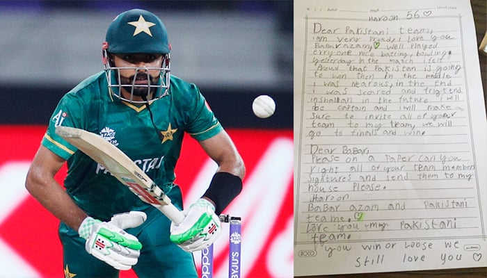 Kriket - ICC Mens T20 World Cup 2021 - Super 12 - Grup 2 - India v Pakistan - Stadion Internasional Dubai, Dubai, Uni Emirat Arab - 24 Oktober 2021 Babar Azam Pakistan beraksi (kiri) dan surat yang ditulis oleh seorang penggemar muda kepada kapten Pakistan.  — Reuters/Twitter/File