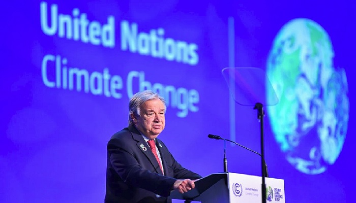 Sekjen PBB Antonio Guterres berbicara pada Konferensi Perubahan Iklim PBB (COP26), di Glasgow, Skotlandia, Inggris, 11 November 2021. REUTERS/Dylan Martinez