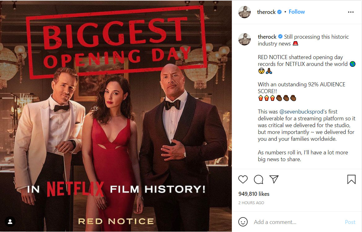 Dwayne Johnson merayakan hari pembukaan 'Red Notice' yang 'menghancurkan'