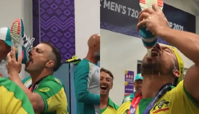 Wicketkeeper-batsman Matthew Wade (left) and all-rounder Marcus Stoinis celebrate in their T20 World Cup win in Dubai. Photo: ICC/ Screengrab