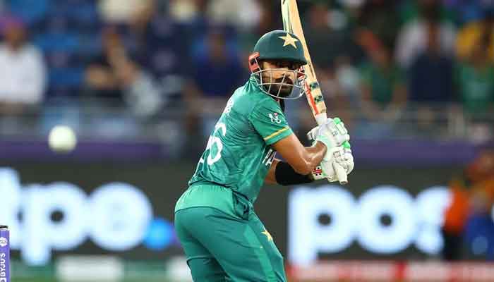 Pakistan captain Babar Azam pictured after playing a shot during the T20 World Cup 2021. Photo: ICC