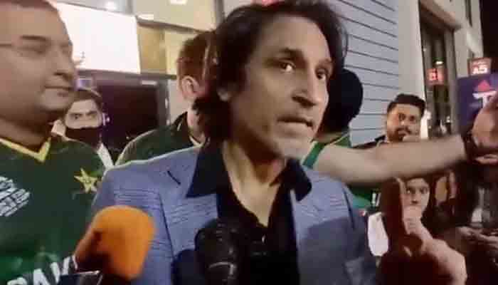 PCB Chairman Ramiz Raja talking to press in Dubai. Screengrab