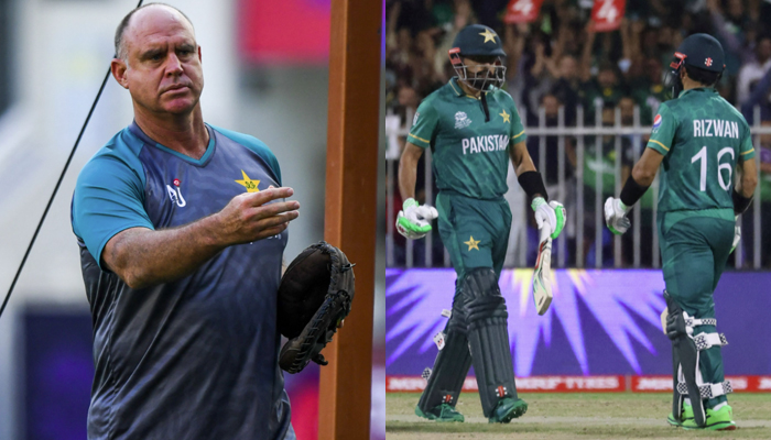 Pakistans batting coach Matthew Hayden throws a ball before the start of the ICC Twenty20 World Cup semi-final match between Australia and Pakistan at the Dubai International Cricket Stadium in Dubai on November 11, 2021 (left) andPakistans captain Babar Azam (L) and Mohammad Rizwan talk during the ICC Twenty20 World Cup cricket match between Pakistan and New Zealand at the Sharjah Cricket Stadium in Sharjah on October 26, 2021. — AFP/File