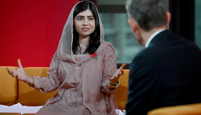 Nobel Peace Prize laureate Malala Yousafzai appears on BBCs The Andrew Marr Show in London, Britain, November 14, 2021. Jeff Overs/BBC/Handout via Reuters