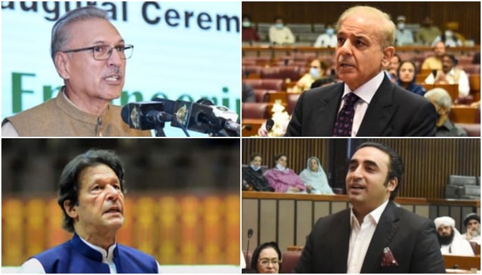 President Arif Alvi (upper left), Prime Minister Imran Khan (bottom left), Opposition Leader in the National Assembly Shahbaz Sharif (upper right), and PPP chairperson Bilawal Bhutto Zardari (bottom left). — PID/AFP/Twitter/File