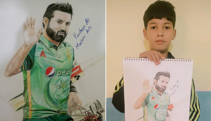 Sketsa Mohammad Rizwan (kiri) dan seniman muda, Farhan Ali Macholvi, di belakangnya.  — Foto milik Twitter/Mohammad Rizwan