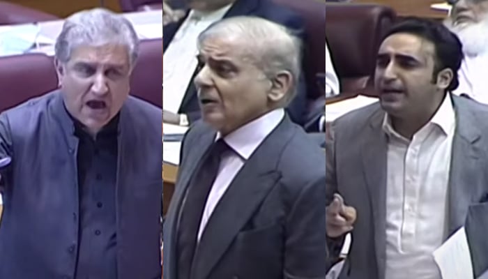 Foreign Minister Shah Mahmood Qureshi (left), PML-N President and Leader of the Opposition in the National Assembly Shahbaz Sharif (centre), and PPP Chairperson Bilawal Bhutto addressing the joint sitting of the Parliament in Islamabad on November 17, 2021. — YouTube/Geo News