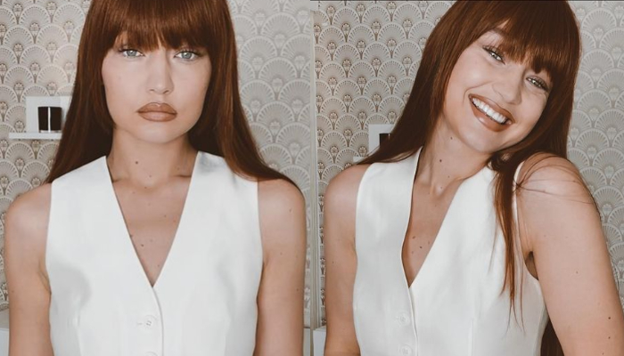 The supermodel debuted new fiery bangs in an Instagram post on Tuesday