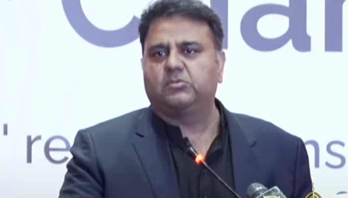 Minister for Information and Broadcasting Fawad Chaudhry addressing the launching ceremony of “Charter of Peace”, organized by Pakistan Institute of Peace Studies in Islamabad, on November 18, 2021. — YouTube/HumNewsLive