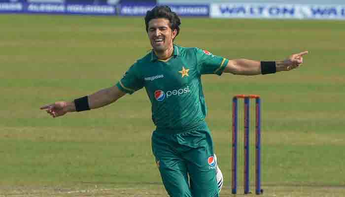 Pakistans Mohammad Wasim Jnr is thrilled after dismissing Said Hassan in the first T20 against Bangladesh. -AFP