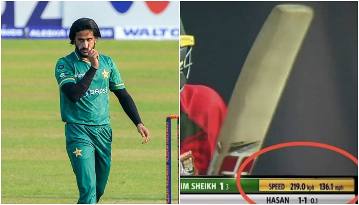 Hasan Ali (kanan) dari Pakistan melakukan selebrasi setelah mengalahkan Nurul Hasan dari Bangladesh (tidak digambarkan) selama pertandingan kriket internasional Twenty20 pertama antara Bangladesh dan Pakistan di Stadion Kriket Nasional Sher-e-Bangla di Dhaka pada 19 November 2021 (kiri) dan kecepatan bowling perintis di layar.  —AFP/Twitter