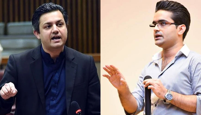 Menteri Federal untuk Energi Hammad Azhar (kiri) dan pembawa berita Geo News Shahzeb Khanzada.  — APLIKASI/Facebook/File