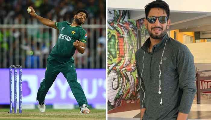 Pakistani right-arm pacer Haris Rauf bowls during a T20 World Cup match (left).