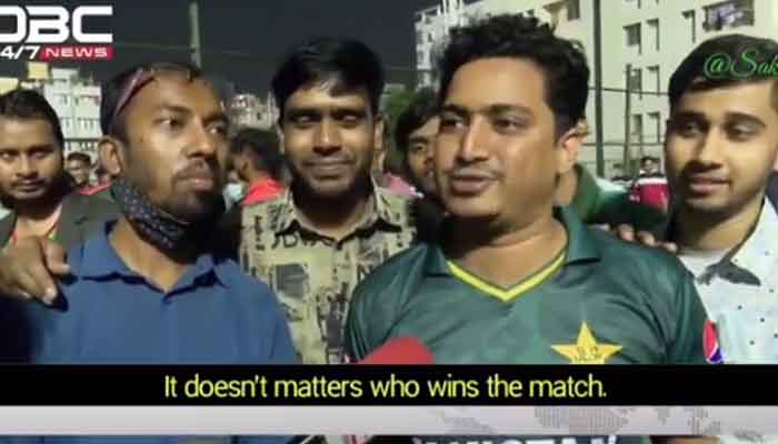 A Bangladesh fan sporting a Pakistan jersey speaks to DBC News. Photo: Twitter