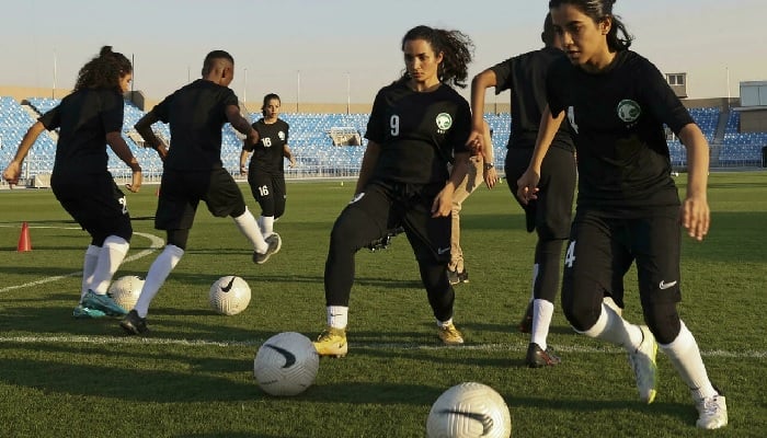 Players of the first Saudi Womens National Football Team train in Riyadh on November 2. Photo: AFP