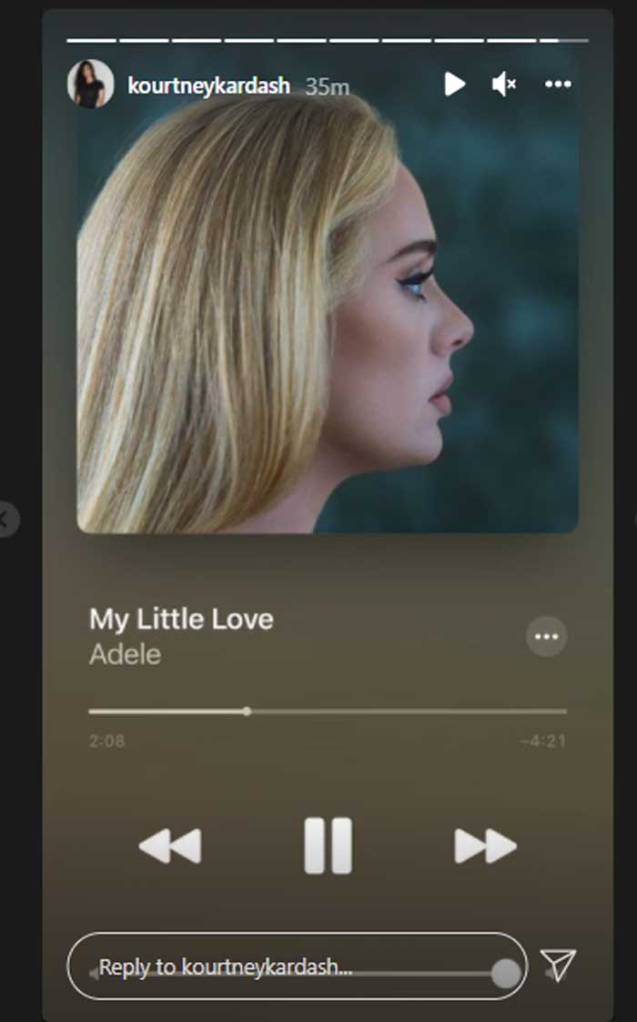 Kourtney Kardashian listening to Adele’s emotional song ‘My Little Love’
