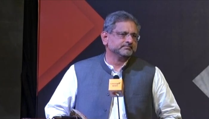 Former prime minister Shahid Khaqan Abbasi addressing the Asma Jahangir Conference, in Lahore, on November 21, 2021. — YouTube/Samaa