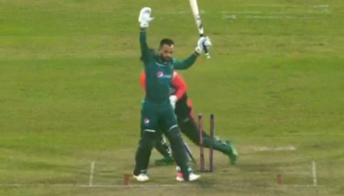 Pakistans Mohammad Nawaz signals he is not ready as Bangladeshs Mahmudullah hits the wicket on the final ball of the last match of the T20I series in Dhaka on November 22, 2021. — Twitter