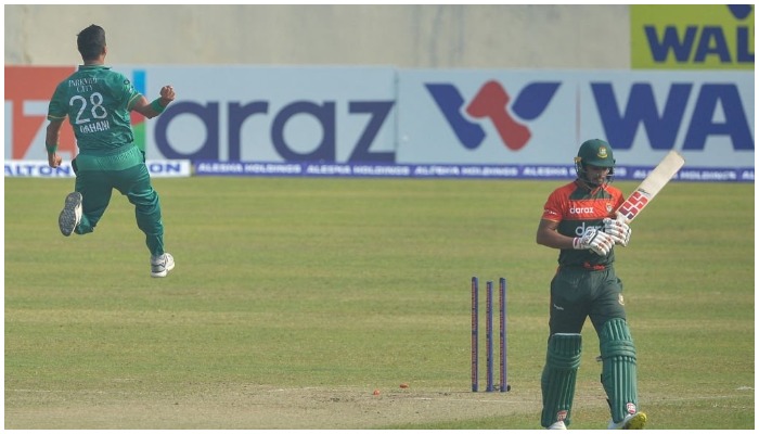 Shahnawaz Dahani celebrates his maiden international wicket as he sends Bangladeshs Najmul Hossain Shanto back to the pavilion. Photo: Twitter