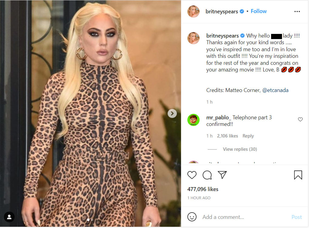 Britney Spears gushes over Lady Gaga: ‘Thanks again for your kind words’
