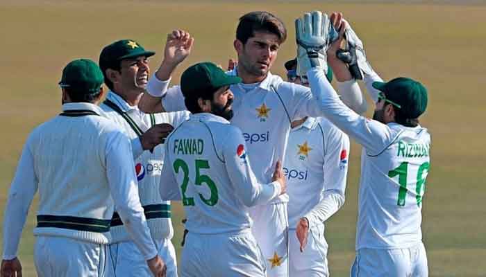 Pakistan Test team celebrate after dismissing a batsman. Photo: PCB