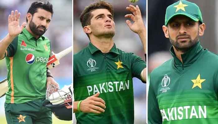 Mohammad Rizwan (left), Shaheen Afridi (centre) and Shoaib Malik (right). Photo: file