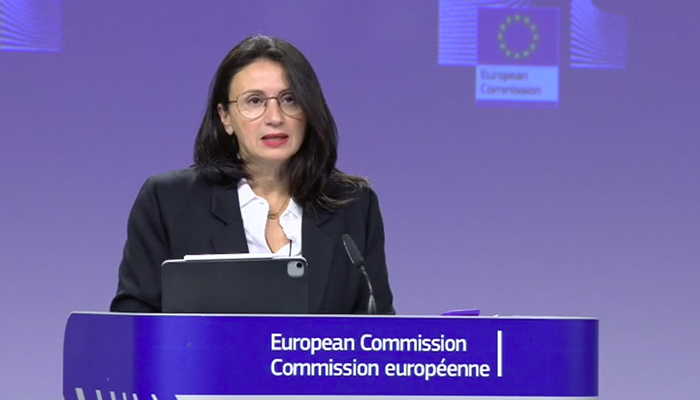 Nabila Massrali, the EU’s spokesperson on foreign affairs, addressing a press conference in Brussels on November 24, 2021. —