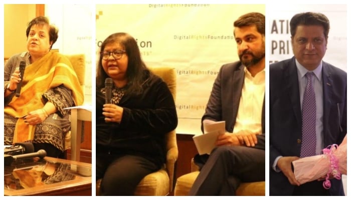 Photo collage showing Human Rights Minister Shireen Mazari (L), Founder and CEO of Katalyst Labs Jehan Ara and the Director IT of the Ministry of IT and Technology Bilal Abbasi (C), and Chairperson of NADRA Tariq Malik (R)— DRF/ Twitter