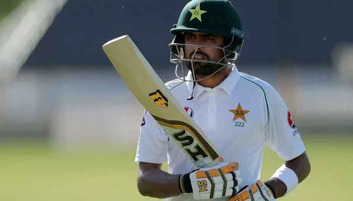 Pakistan captain Babar Azam after playing a shot. Photo: AFP