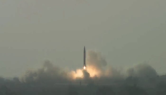 A screengrab from the footage of theflight test ofsurface-to-surface ballistic missile Shaheen-1A conducted on November 25, 2021. — ISPR
