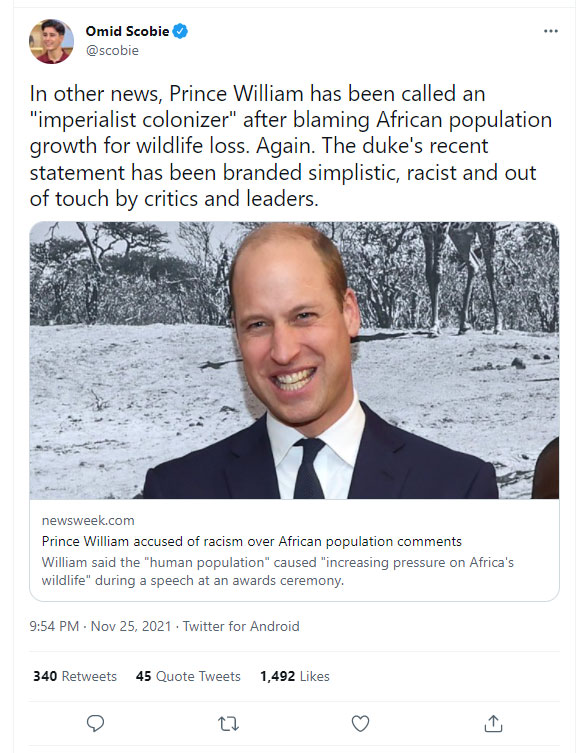 Prince William blasted for ‘racist, out of touch’ comments on the African population