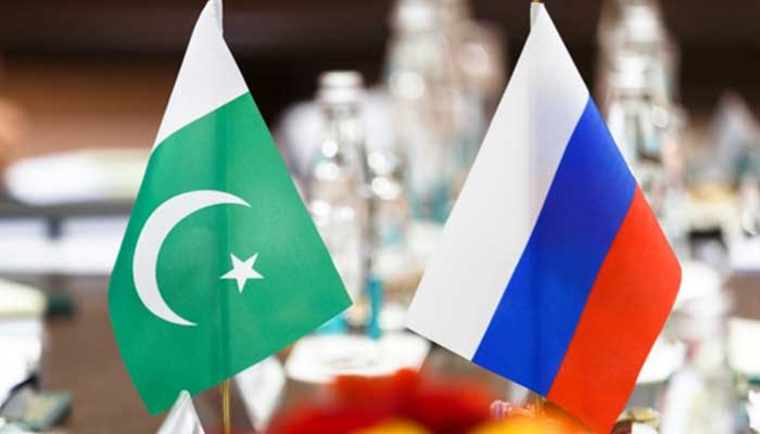 A file photo of the flags of Pakistan and Russia.