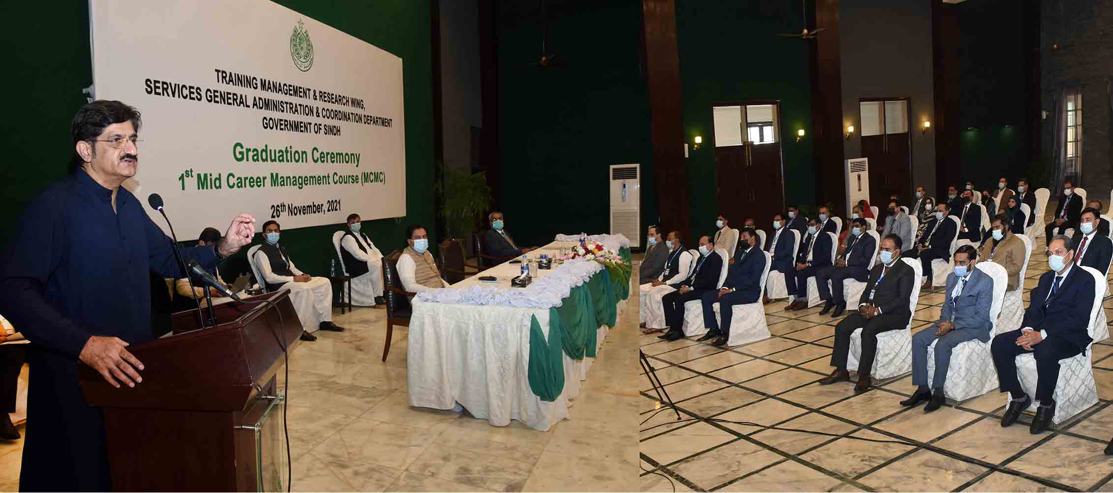 Sindh Chief Minister Syed Murad Ali Shah speaks at Provincial Training Management & Research Wing’s 1st Mid-Career Management Course (MCMC) graduation Ceremony held at CM House.