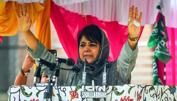 PDP President Mehbooba Mufti is addressing a public rally in occupied Kashmir. Photo: file