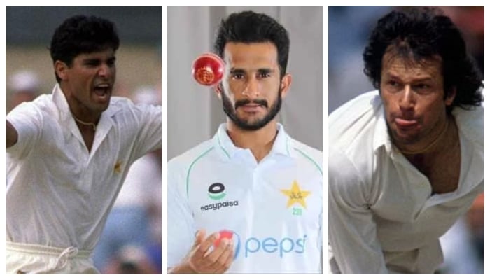 Former Pakistan fast bowler Waqar Younis (left), Hasan Ali (center) and Imran Khan (right). Photo: file