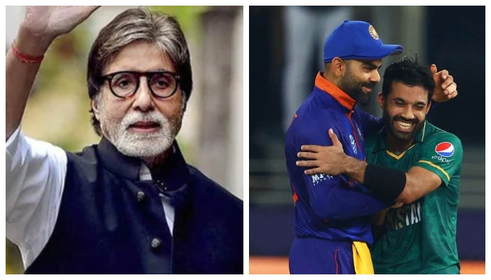 Bollywood legend Amitabh Bachchan (left) and Mohammad Rizwan embraces Kohli (right). Photo: file