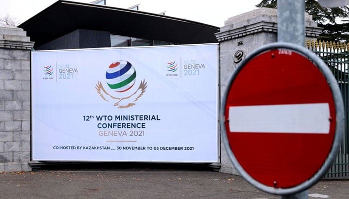 A sign of the 12th Ministerial Conference (MC12) is pictured at the World Trade Organization (WTO) headquarters in Geneva, Switzerland, November 25, 2021. — Reuters/File