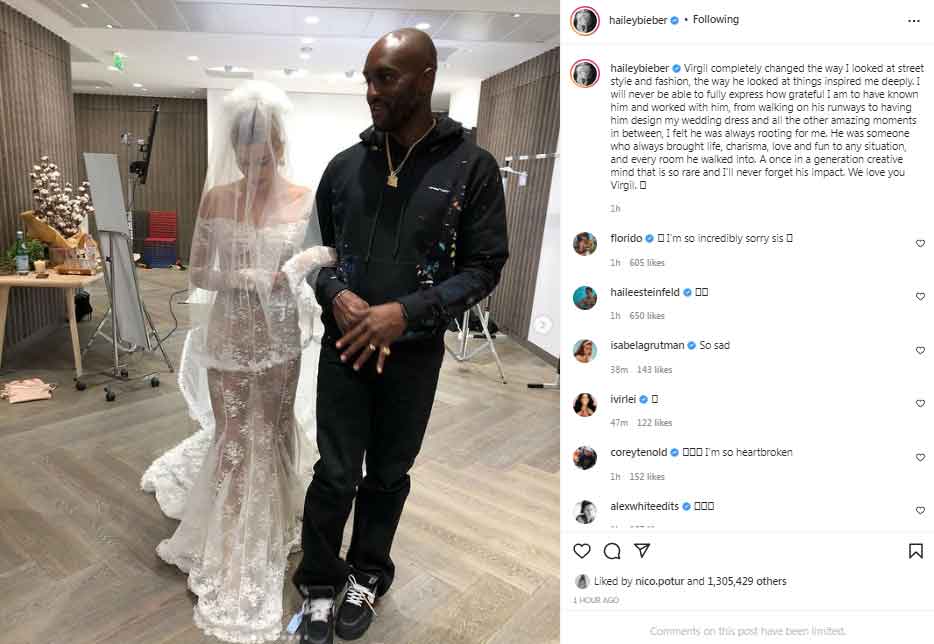 Hailey Bieber reacts to Virgil Ablohs death