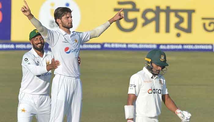 Fast bowler Shaheen Afridi celebrates after dismissing a Bangladeshi batter. Photo: Twitter