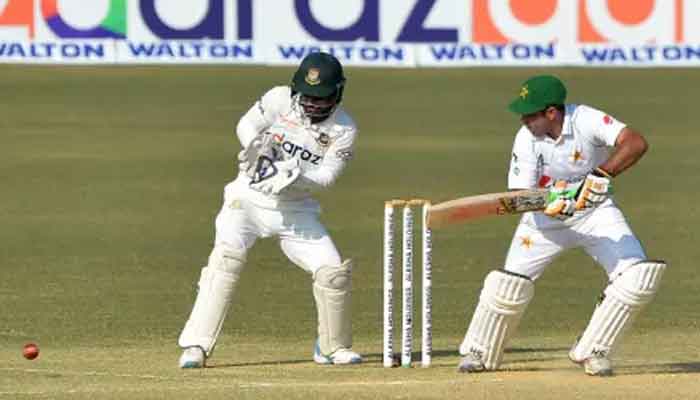 Abid Ali pats one on to the off-side for runs. Photo: AFP