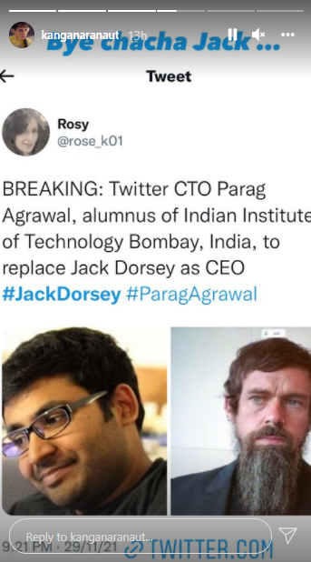Kangana Ranaut bids adieu to CEO of Twitter, ‘Bye Chacha Jack’