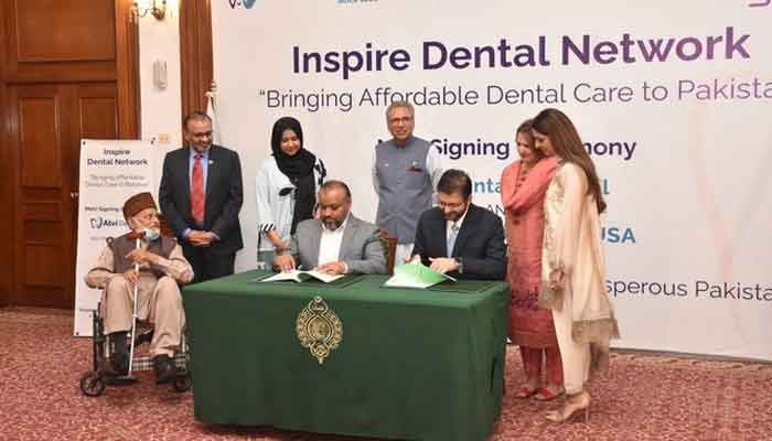 Dr Awab Alvi during the MoU signing betweenAlvi Dental and Bringing Smiles USA. Photo: Awab Alvi Twitter