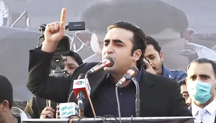 PPP Chairman Bilawal Bhutto-Zardari addressing PPPs 54th foundation day event in Peshawar on November 30, 2021. — YouTube/HumNewsLive